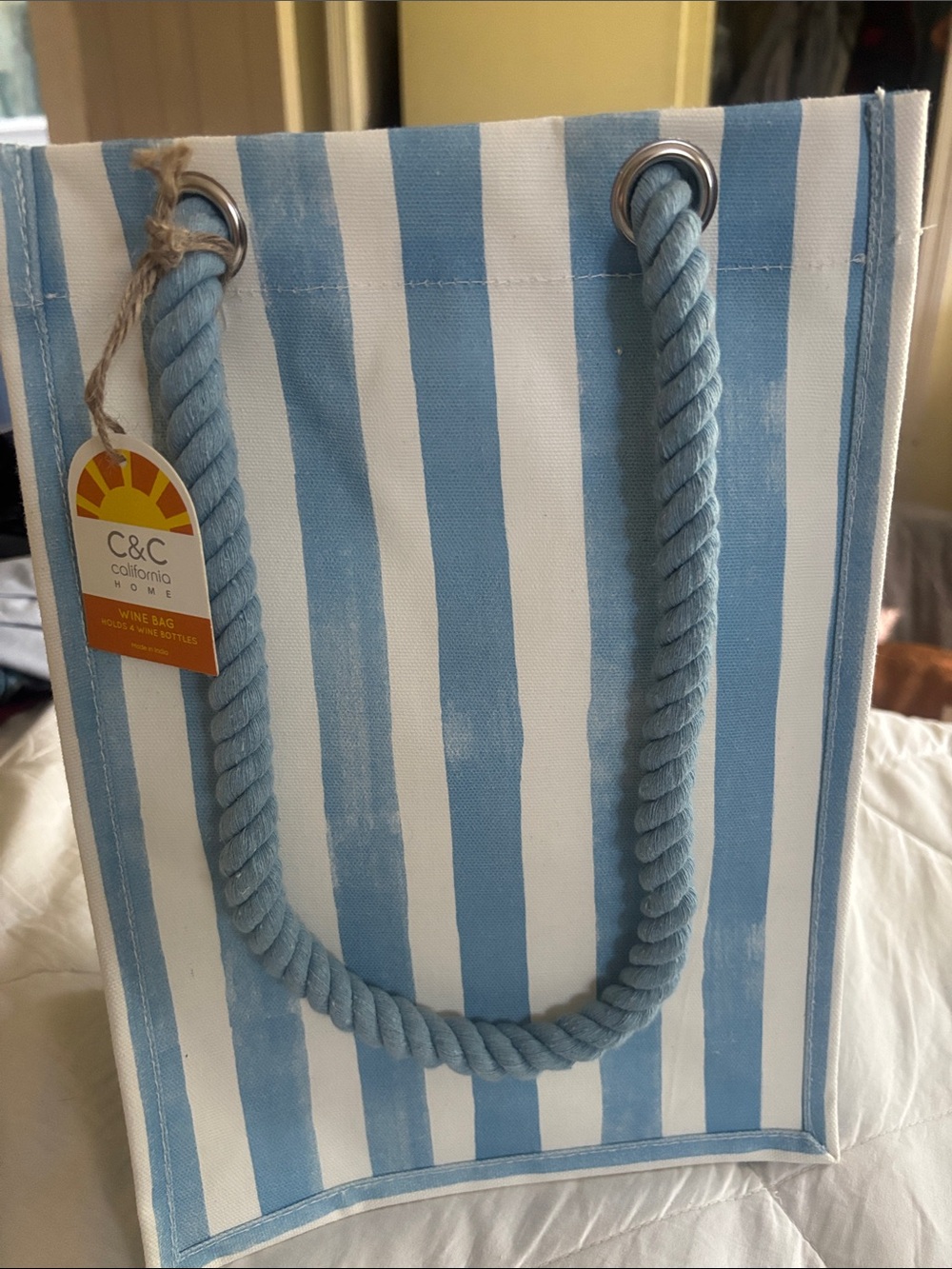 C&C California Light Blue & White Striped Canvas Tote. Rope Handles and insert